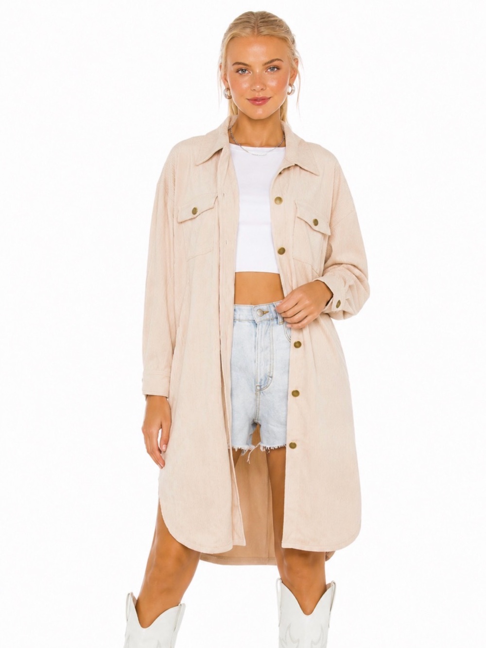 Beige Corduroy Longline Shacket Oversized Shirt Jacket